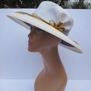 George Zamaul Church Hat White Cream Purple Couture Boutique New York Vintage